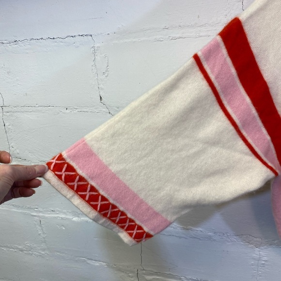 Dinameta Vintage Cashmere V Neck Sweater Drawstring Waist Cream Red Pink Stripe - Picture 2 of 7